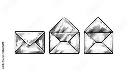 Engraved illustration of three envelopes in different states of opening