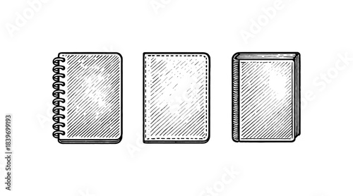 Engraved illustration of three different notebooks, isolated on white background