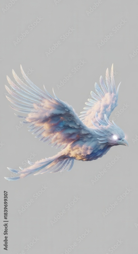 Obraz premium Mythical creature crafted from luminous clouds soars through pale sky