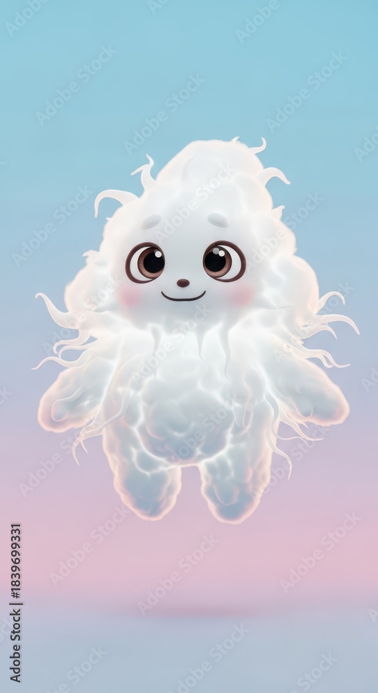 Obraz premium Adorable fluffy white entity floats against a soft gradient sky background