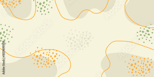 Abstract background with organic beige shapes, wavy orange lines, and scattered green, orange, and grey dots on a light cream surface.