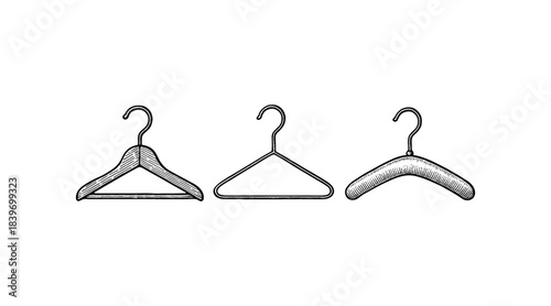 Line art illustration of three different clothes hangers on a white background