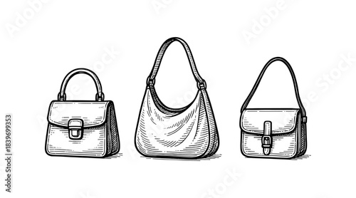 Handbag illustrations in a vintage engraving style, perfect for fashion designs