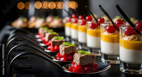 Elegant Buffet Appetizers and Desserts Assortment, Fine Dining Food Presentation