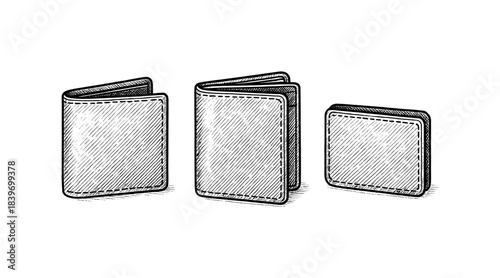 Detailed illustration of three wallets in different positions on a white background