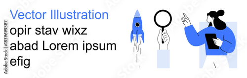 Business development, innovation, teamwork, career growth, research, data analysis. A rocket, a magnifying glass and a woman holding a tablet. Business development and innovation concepts