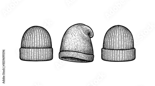 Detailed illustration of three knitted beanies in a row, isolated on white background