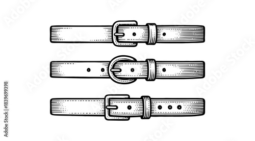 Engraved illustration of three different leather belts with buckles