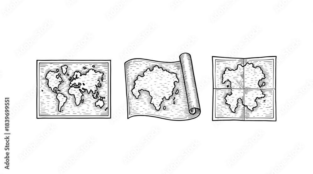 Fototapeta premium Vintage world map illustrations in different styles on a white background