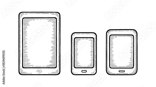 Hand-drawn illustration of three different sized mobile devices
