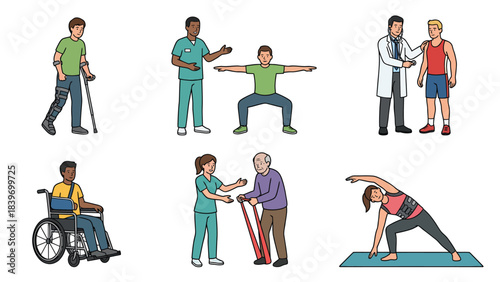 Diverse Individuals Engaged in Physical Therapy and Wellness Activities for Health and Rehabilitation