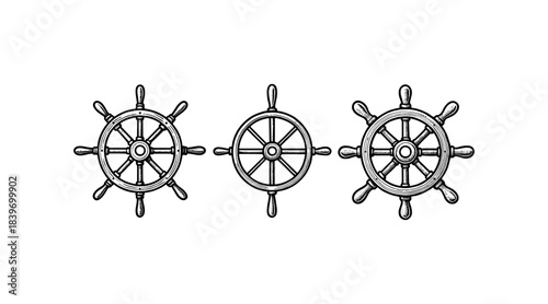 Vintage ship steering wheels in a row, nautical design elements on white