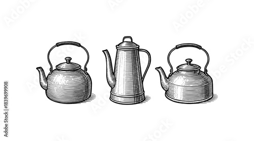 Vintage Teapots Illustration: Classic Kitchenware in Detailed Engraving Style