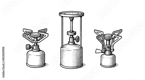 Vintage camping stoves illustration, perfect for outdoor and travel themes