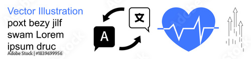 Translation services, language apps, healthcare technology, medical analysis, business growth, global communication. Speech bubbles with arrows, heartbeat upward arrows. Translation services