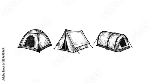 Hand-drawn illustration of three camping tents in a line, isolated on white