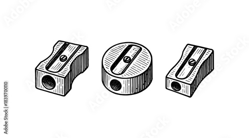 Ink drawing of pencil sharpeners in various shapes and styles on white