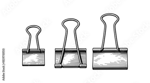 Engraved illustration of three binder clips in different sizes on white background