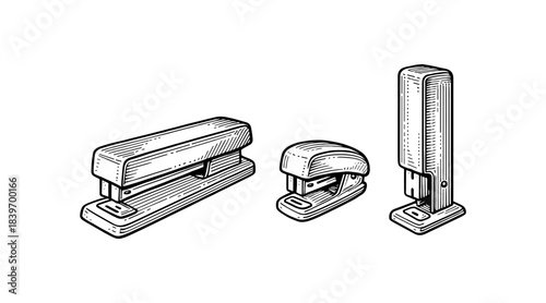 Detailed illustration of three staplers in different styles on white background
