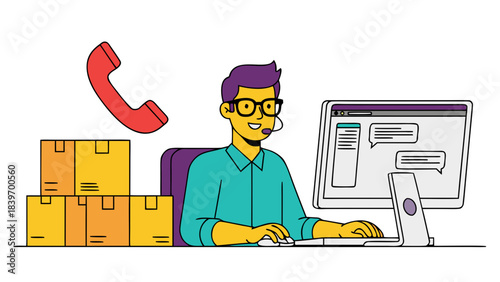 Customer Service Agent with Headset Working at Computer Surrounded by Boxes and Red Phone Icon Representing Communication and Logistics in a Business Setting