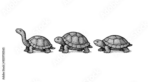 Vintage illustration of three turtles in a row, isolated on white background