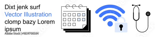 Productivity, healthcare, data security, technology, wireless communication, digital planning. Calendar, wireless icon with lock stethoscope. Productivity and healthcare concepts for everyday use
