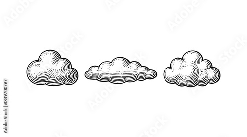 Vintage cloud illustrations in a classic engraving style on a white background