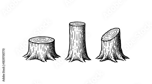Hand-drawn illustrations of tree stumps in a variety of shapes and sizes