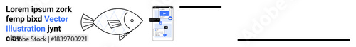 Design, technology, digital interfaces, creativity, education, art concepts. Abstract fish drawing next to a smartphone UI and text elements. Design and technology concept