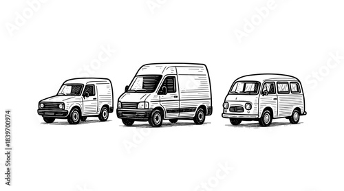 Vintage Vans Illustration: Black and White Line Art of Delivery Vehicles
