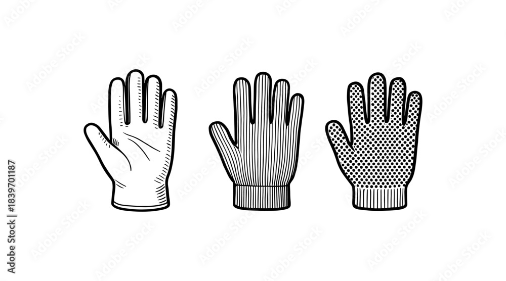 Obraz premium Hand-drawn illustrations of different glove styles in black and white