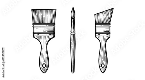 Detailed illustration of three artist paintbrushes on a white background