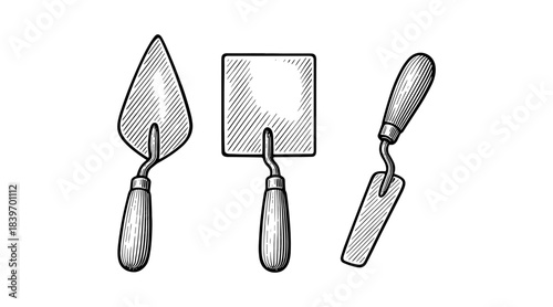 Hand-drawn illustration of three different trowels on a white background
