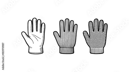 Hand-drawn illustrations of different glove styles in black and white