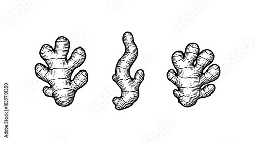Detailed illustration of fresh ginger root in a classic engraving style