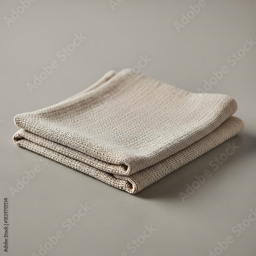 Folded organic cotton tea towels in natural tone on muted gray surface