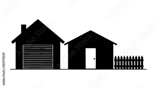 Vector illustration of silhouette of a house with garage and small shed next to a picket fence isolated on transparent background