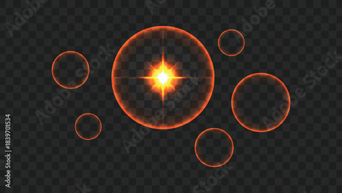 A bright orange glowing light effect with lens flare and multiple concentric circles on a transparent background.