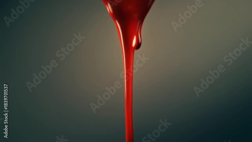 Red blood drop slowly stretches and drips against a dark background, macro close-up