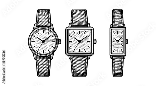 Elegant hand-drawn watches in various shapes and styles on white background