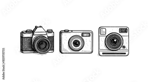 Hand-drawn cameras illustration in black and white on a white background