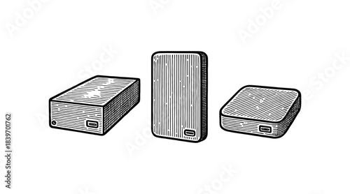 Engraved illustration of three portable power banks in a minimalist style