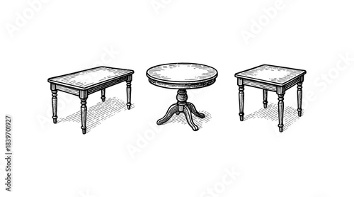 Engraved illustration of three antique tables on a white background