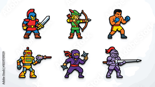 Retro Pixel Art Style of Six Classic Adventure Video Game Characters