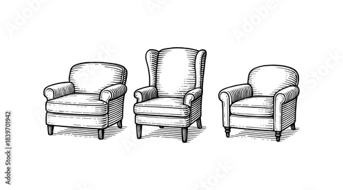 Detailed illustration of three classic armchairs in a row on a white background