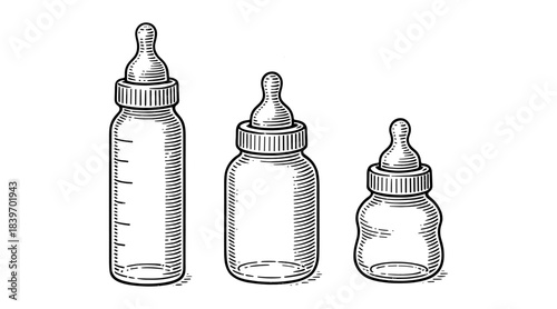 Engraved illustration of baby bottles in different sizes on white background