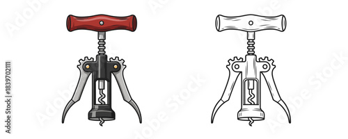 Stylized vector illustration of a wing-type metal corkscrew with a red handle and a black outline drawing