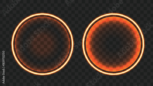 Two glowing orange and red circular frames with light effects on a transparent dark background.