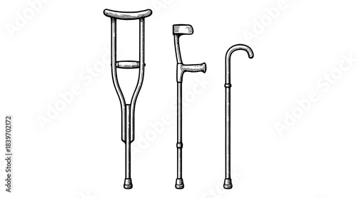 Medical mobility aids: crutches, forearm crutch, and walking cane illustration