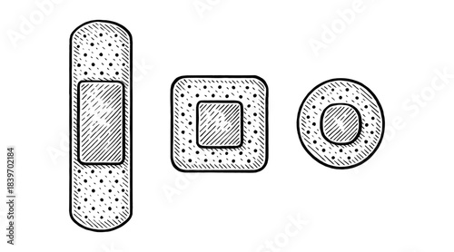 Hand-drawn illustration of adhesive bandages in various shapes and sizes